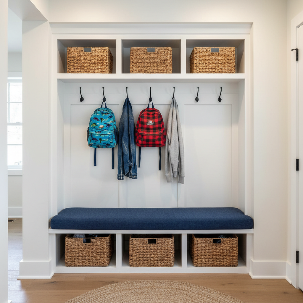 22 inch bench cushion in navy blue fabric displayed in a bright kitchen.