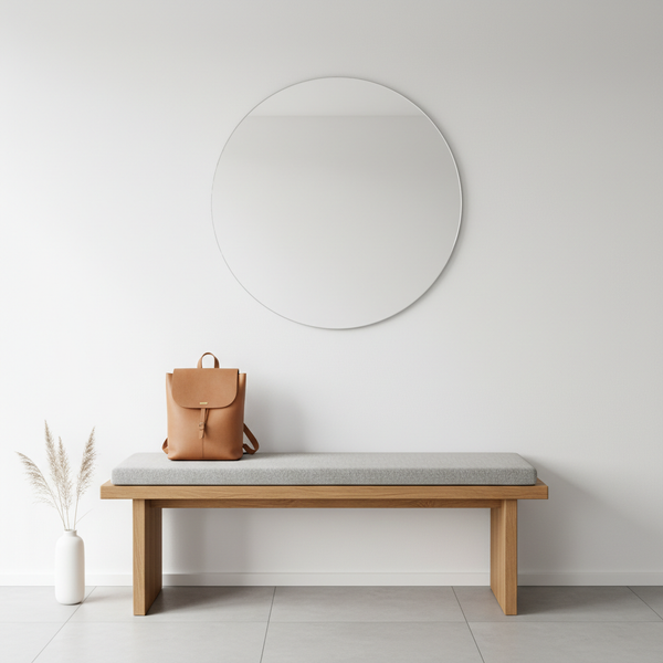Navy blue patterned 47 x 17 bench cushion on patio furniture surrounded by plants