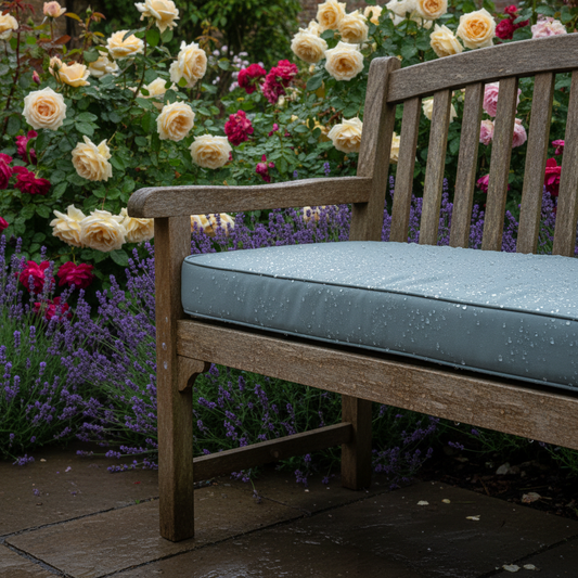 Outdoor bench with a stylish cushion in deep navy color