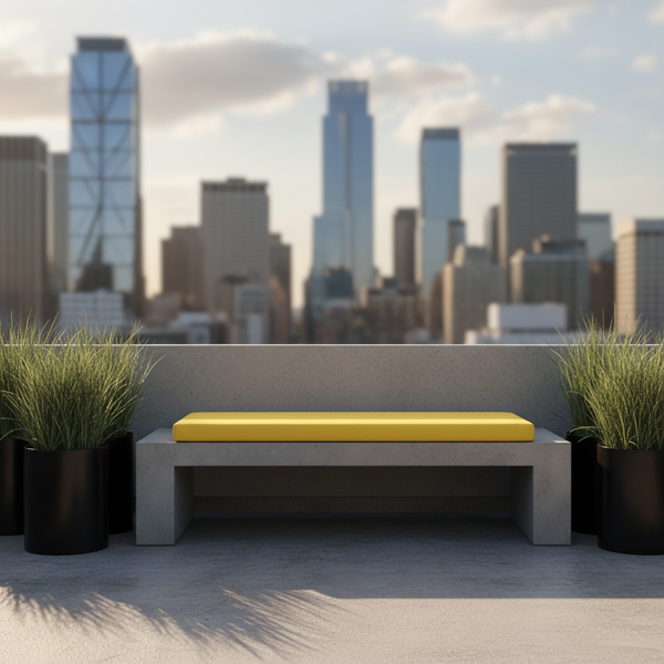 A 6-foot bench cushion in rich navy blue with subtle patterns, placed in a lush garden.