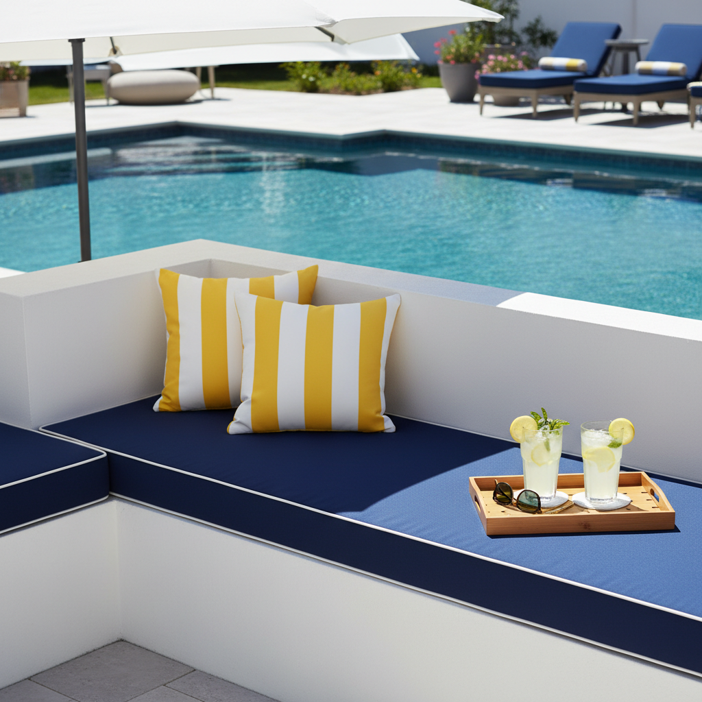 Outdoor bench with a stylish 72 x 16 cushion in rich teal and deep navy patterns