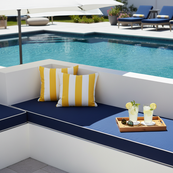 Outdoor bench with a stylish 72 x 16 cushion in rich teal and deep navy patterns