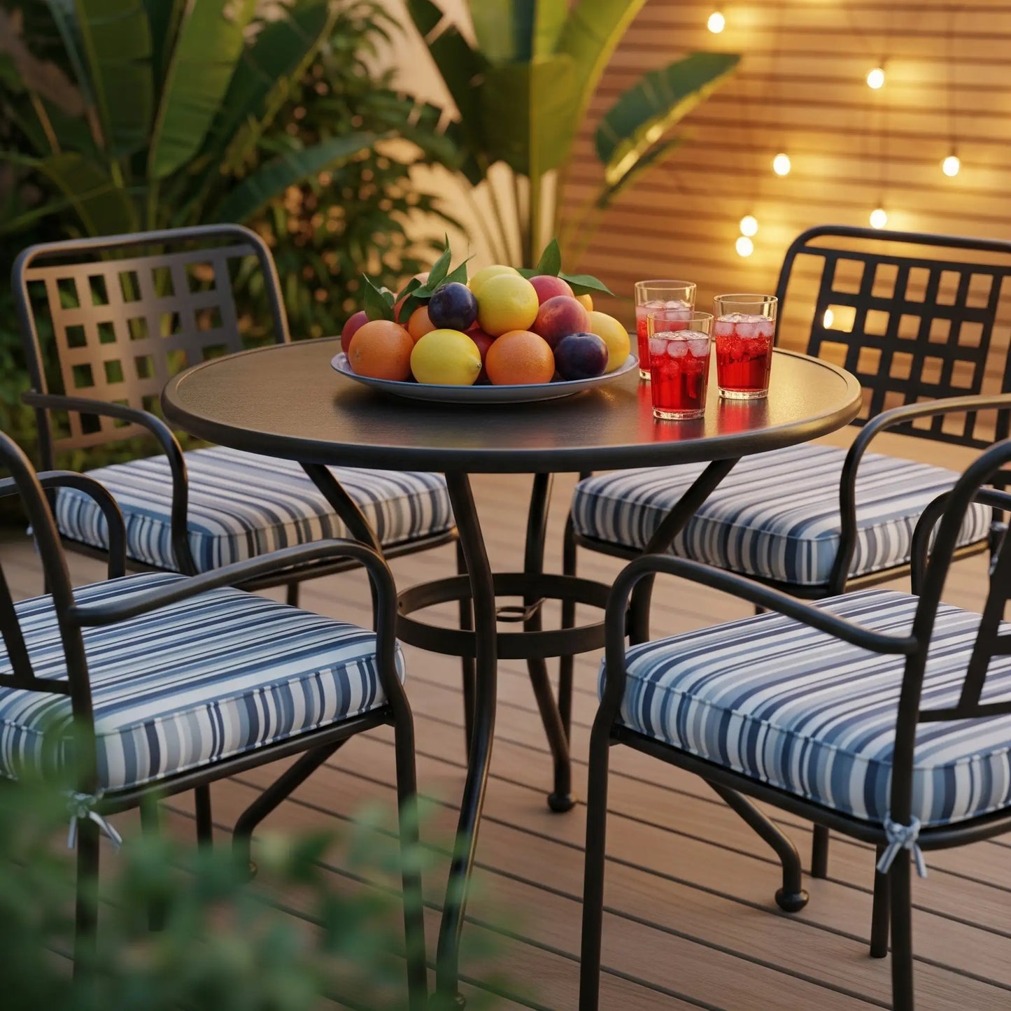 Outdoor patio with a dark metal round table and four chairs with blue and white striped cushions. A fruit bowl and three drinks are on the table. String lights and lush green plants are in the background. Soft lighting.