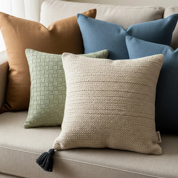 Five textured throw pillows in shades of brown, light green, and denim blue are arranged on a light beige fabric sofa. The pillow in the foreground is light beige with a tassel. Soft, diffused lighting.