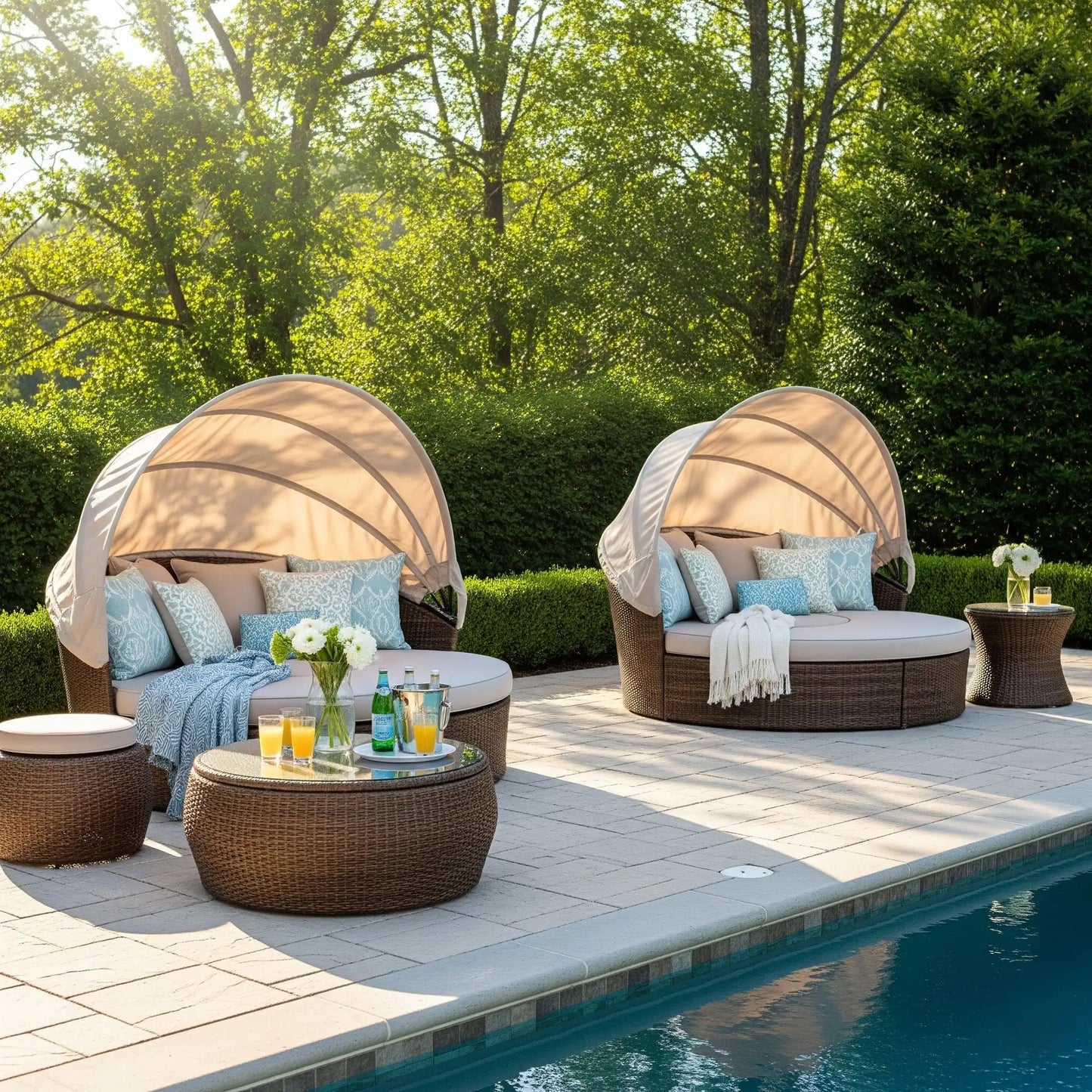 Two round, covered wicker daybeds with light cushions and blue and white pillows sit poolside on a sunny patio. One daybed has a coffee table and ottoman; the other has a side table. Green trees and hedges form the background.