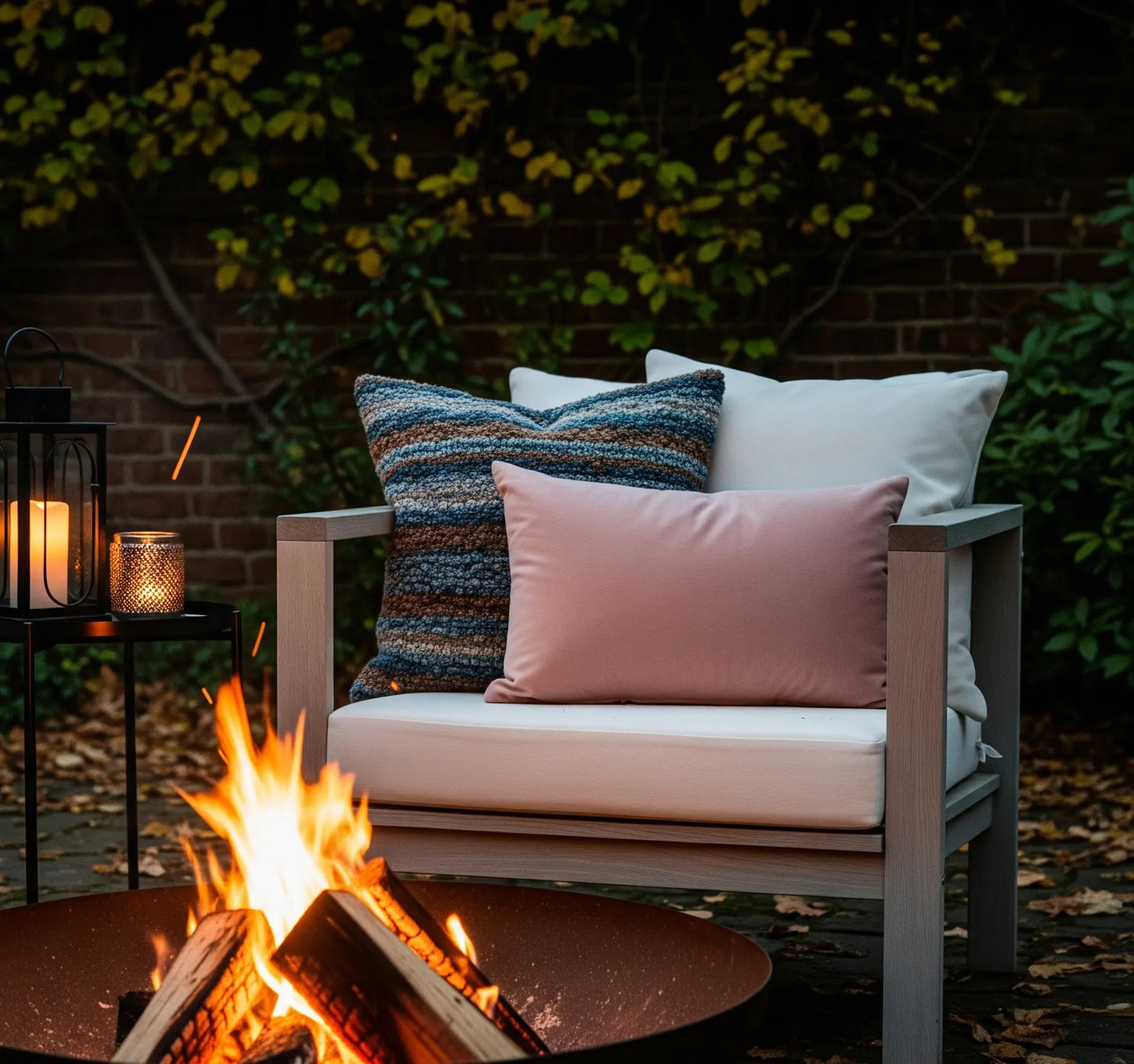 Cozy outdoor evening scene with a burning fire pit in the foreground. Behind it, a light wood armchair with white cushions and blue, pink, and white pillows. A black side table with lanterns sits to the left. -Square Custom Seat Cushions-Custom Rectangle Seat Cushion-Pet-Resistant Dining Cushion