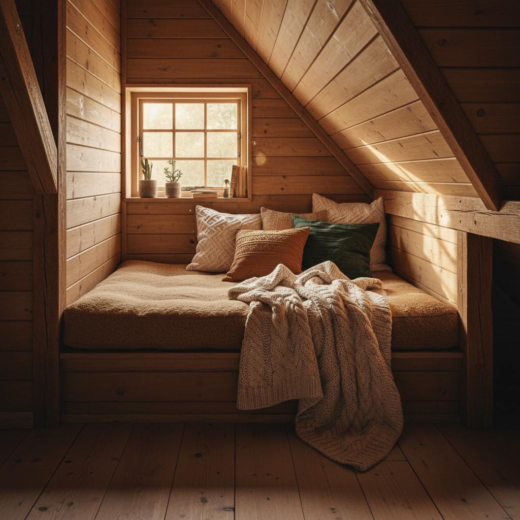 Cozy bay window seat with soft blue and sage green cushions, creating a serene and inviting nook.