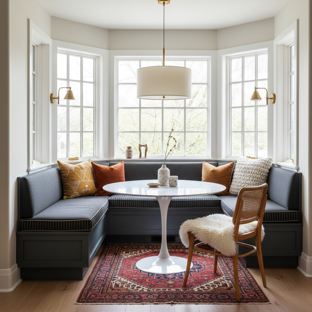 Pastel blue and green cushions on a cozy breakfast nook bench