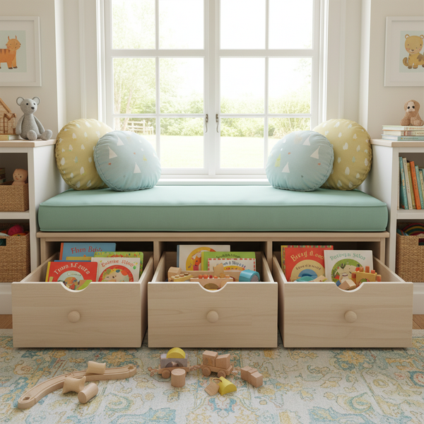 Cozy window bench with soft sage green cushion in a bright, inviting nook