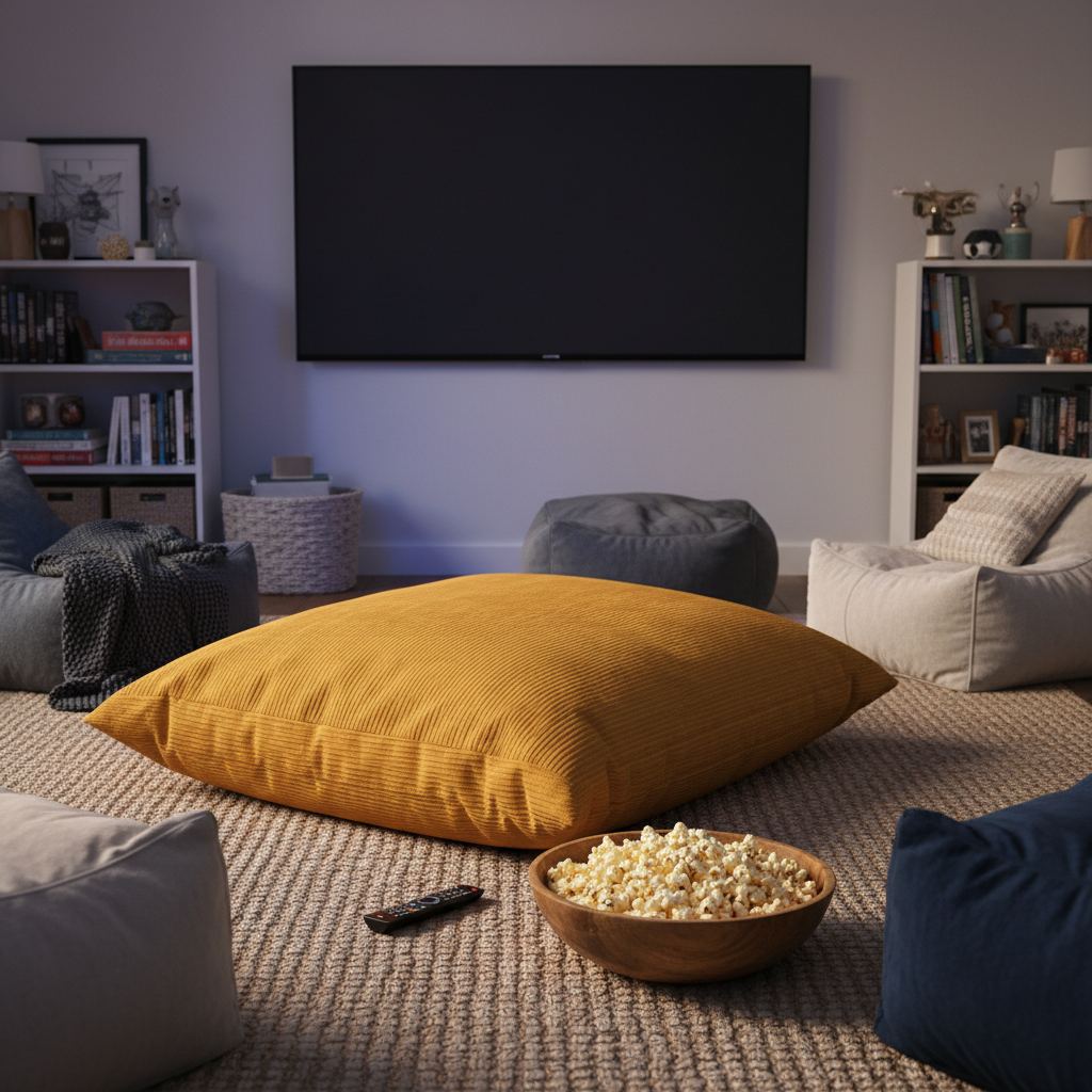 Cozy meditation floor pillows in calming colors set in a tranquil meditation space.