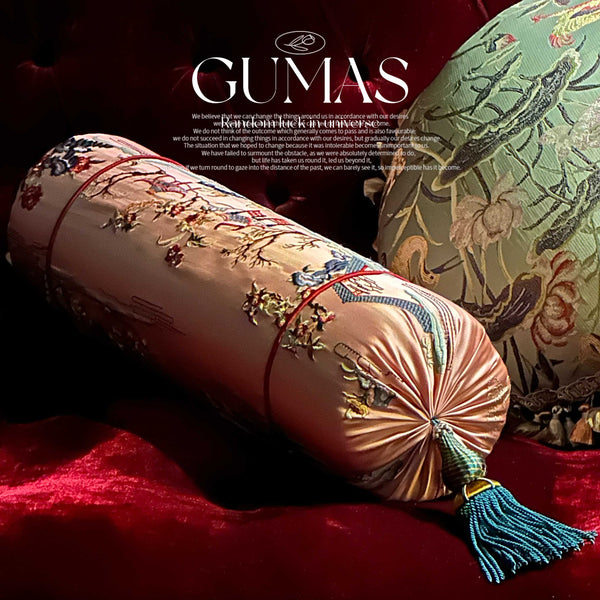 Blush pink silk embroidered lumbar pillow cover with gold crane and peony motifs 6x22 inches