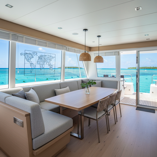 Navy blue and coral geometric patterned boat chair cushions on a dock