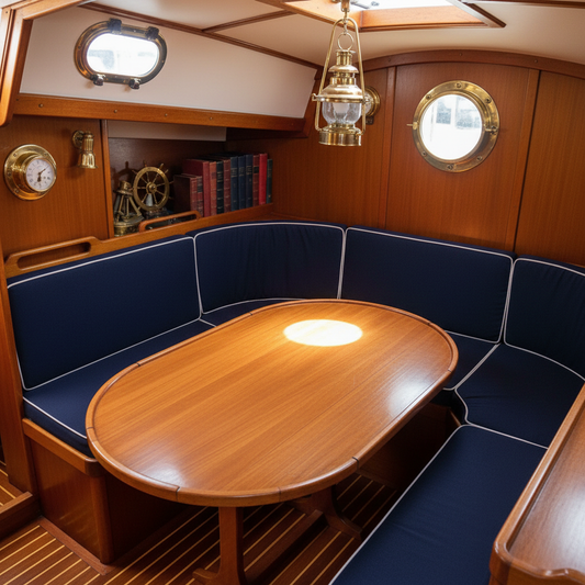 Navy blue and deep teal boat cushions on a sunny boat deck