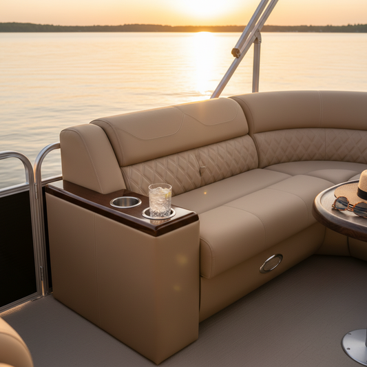 Elegant boat seat pads in deep navy and charcoal grey in a boat interior