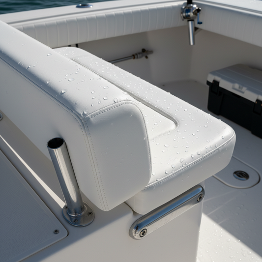Navy and charcoal gray boat seat replacements on a boat, emphasizing style and functionality.