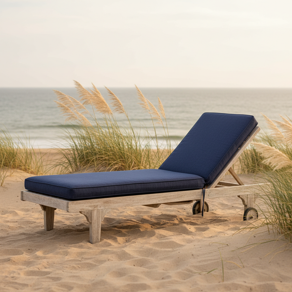 Outdoor chaise lounge with navy blue cushions – custom size weather-resistant patio lounger pad