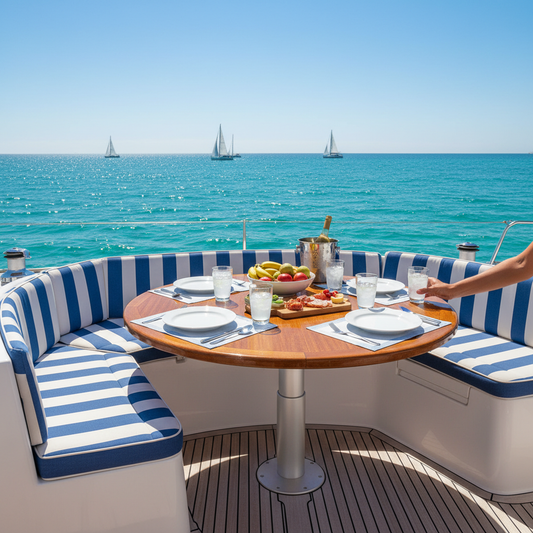 Cushion boat adorned with deep navy and teal cushions in a beautiful outdoor setting.