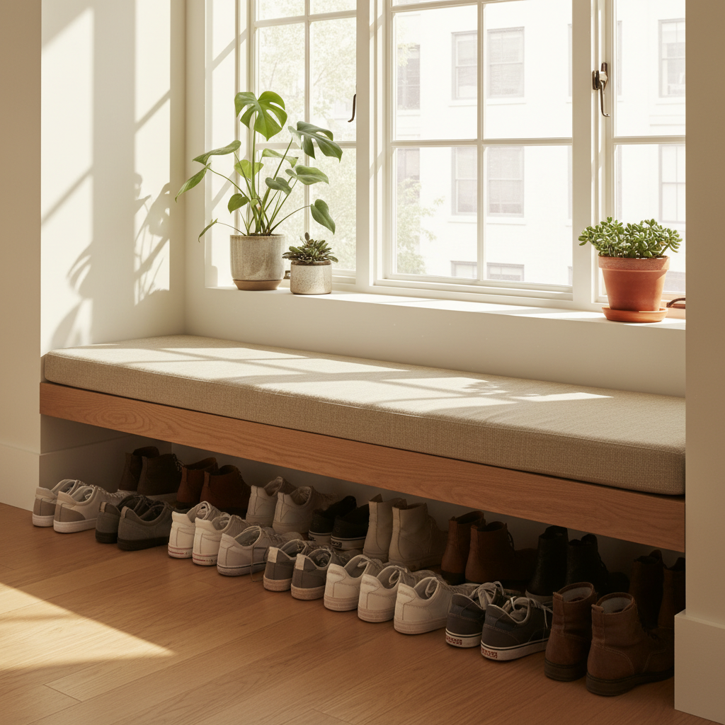 A long bench adorned with rich teal cushions in a beautifully landscaped garden.