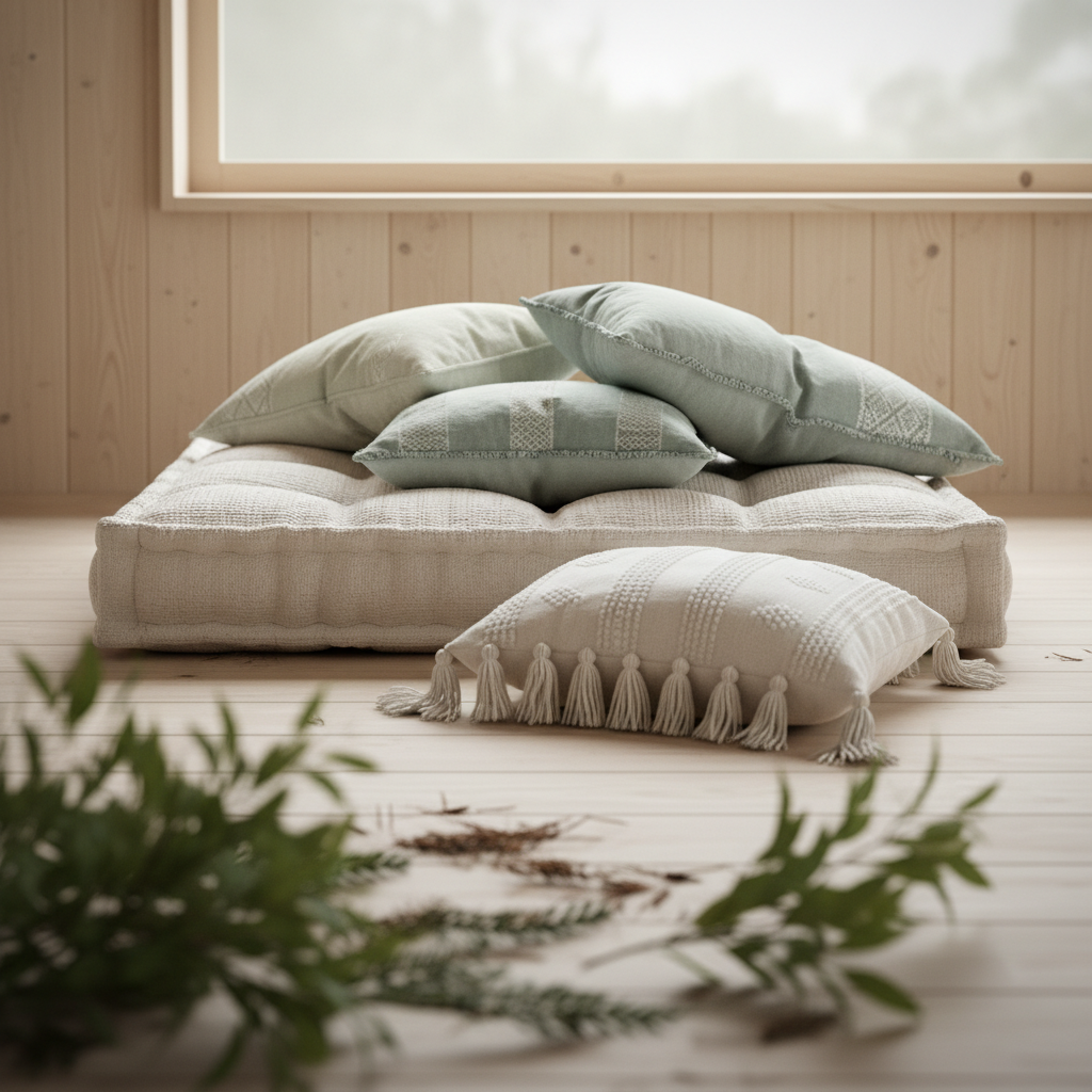 Single cushion sofa in soft pastel colors in a cozy living room setting