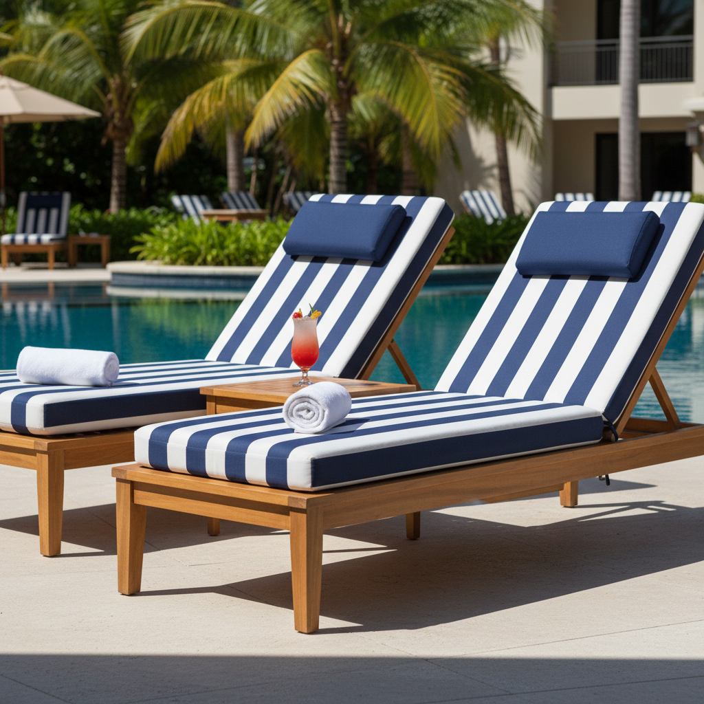 Cushioned outdoor chaise lounge in rich navy with a geometric pattern in a vibrant garden.
