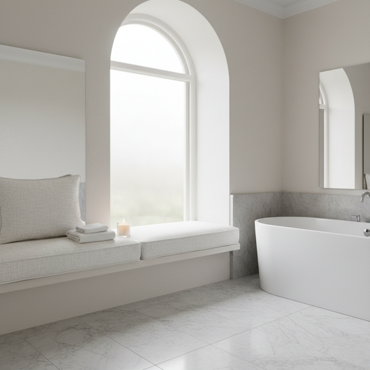 Cushioned window bench with pastel colors in a serene nook