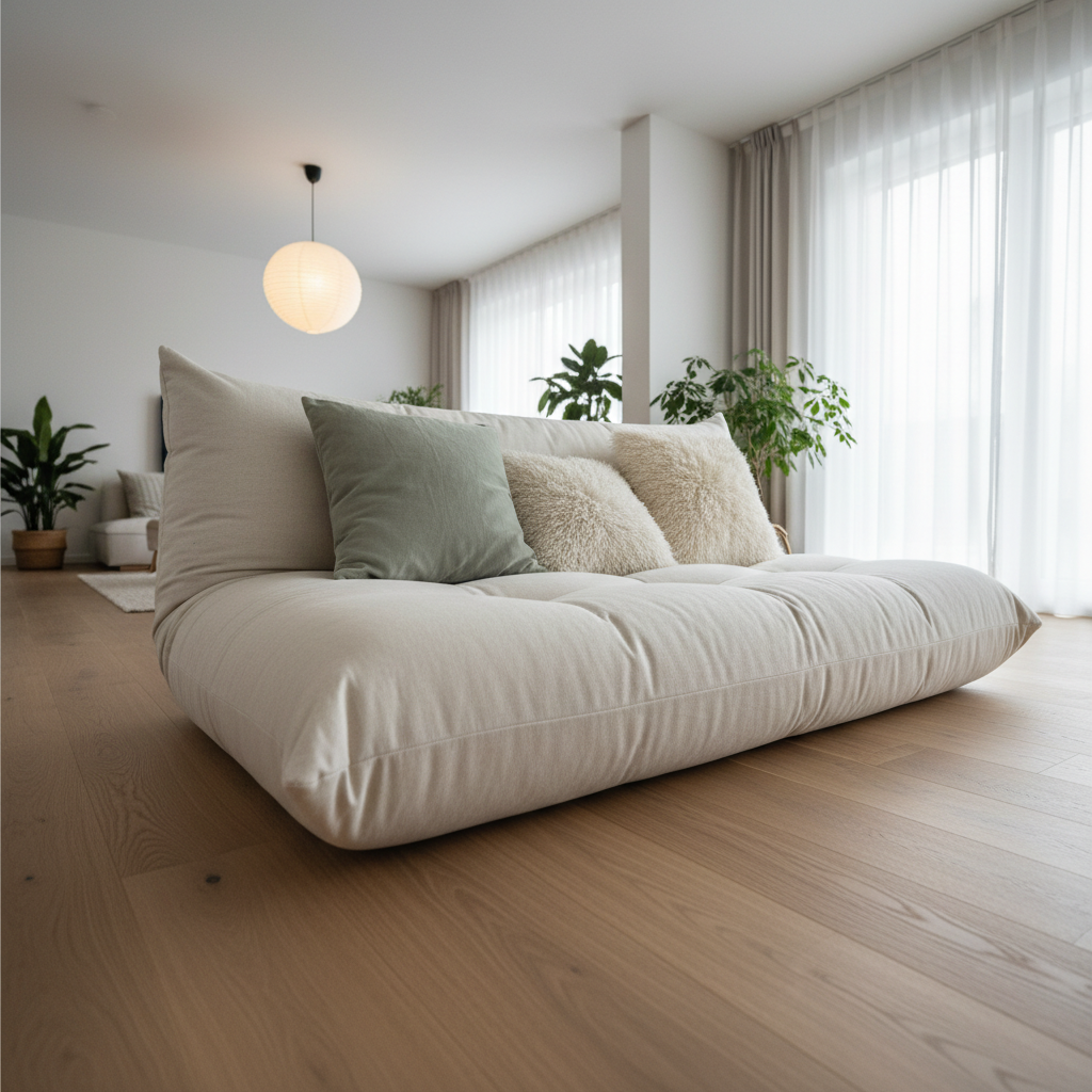 Soft pastel cushions arranged on a comfortable futon in a serene living room setting.