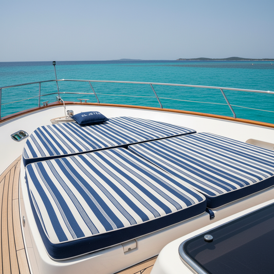 Custom 90 Triangle Cushion for Boat in a stylish marine setting, highlighting its unique shape and fabric.