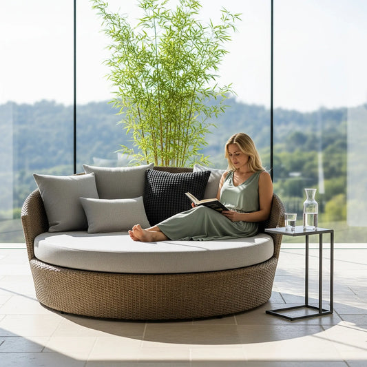 A blonde woman in a green dress reads a book while relaxing on a large, round, woven daybed with light grey cushions. The daybed is in a sunlit room with a floor-to-ceiling window showing a green landscape. A small side table holds a glass of water.