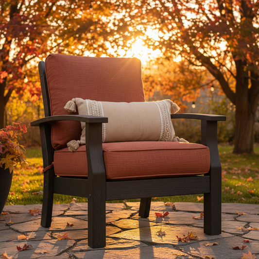 Deep seat outdoor cushions in dark navy and forest green patterns on a stylish patio.