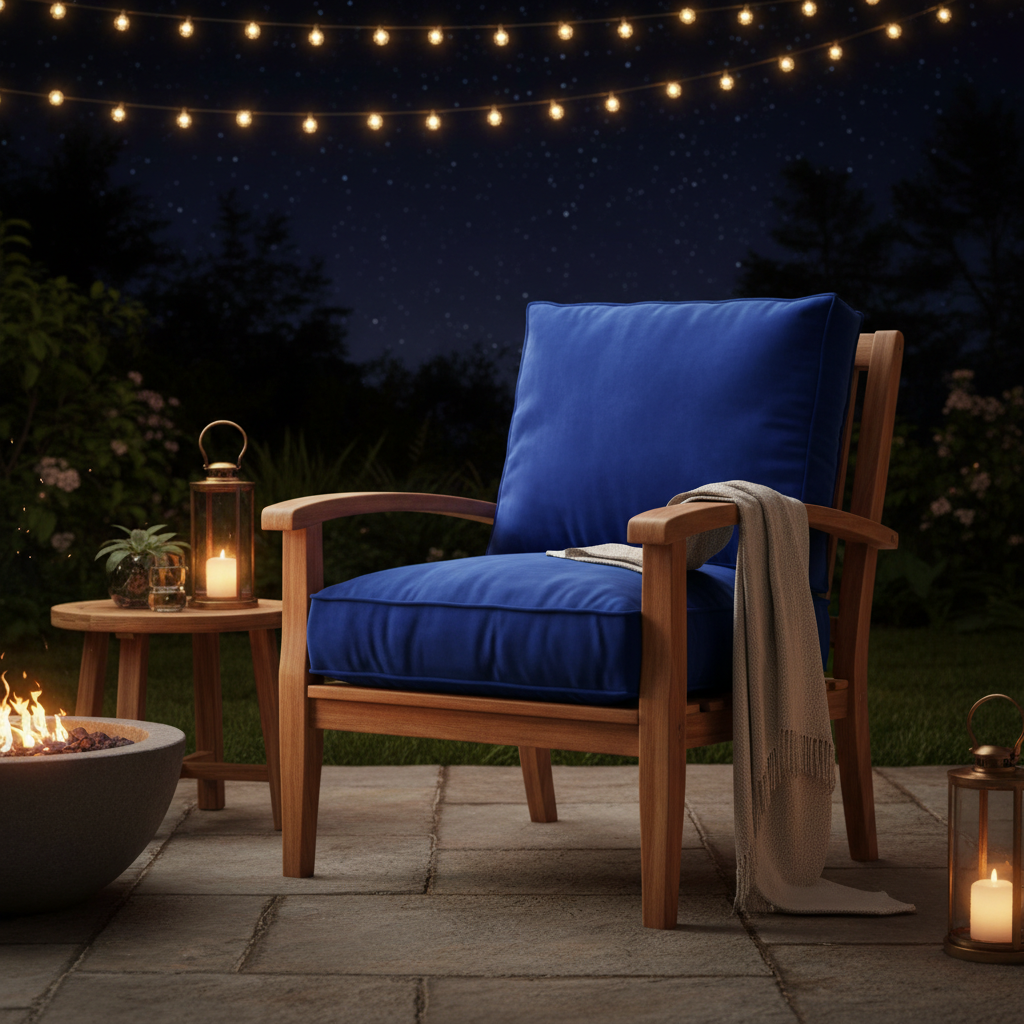 Outdoor deep seat furniture in navy blue with bold patterned cushions in a lush garden