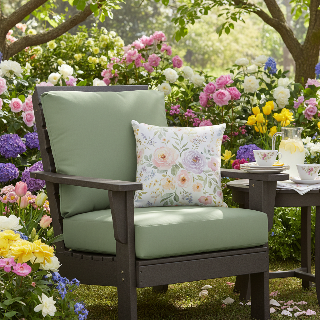 Deep seating outdoor furniture with navy blue replacement cushions in a bright backyard setting.