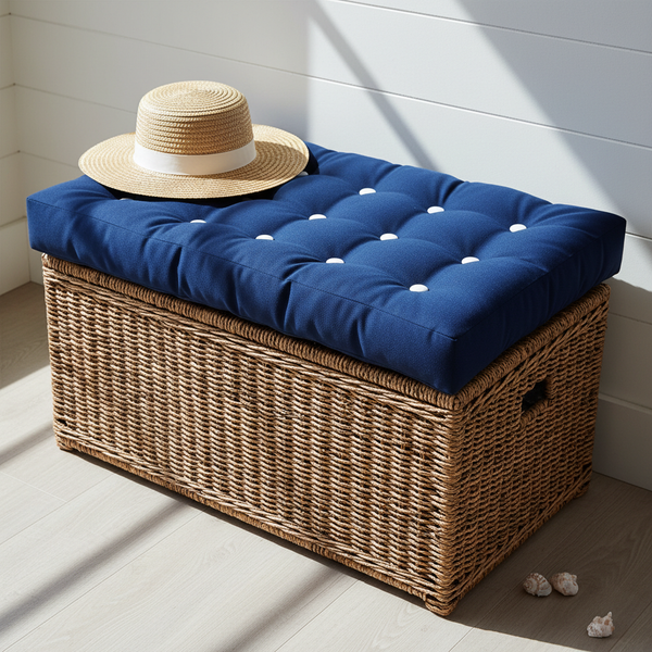 Deep seating outdoor set with navy cushions and patterned throw pillows – custom patio seating