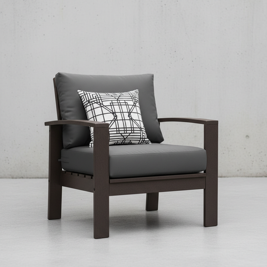 Deep navy blue and forest green replacement cushions on stylish outdoor seating