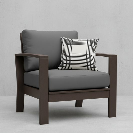 Deep seating replacement cushions in navy blue on an outdoor patio