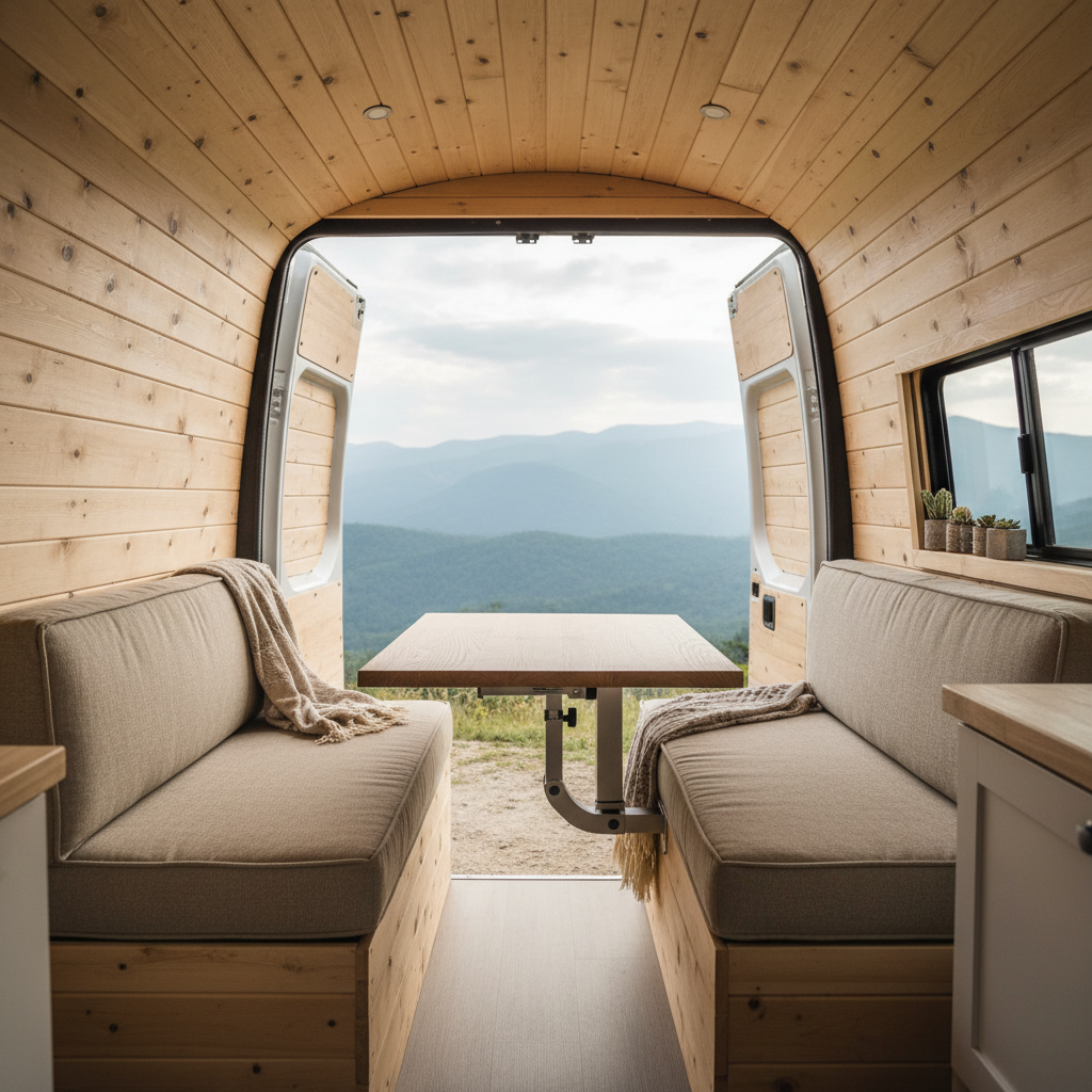 Stylish dinette cushions in a travel trailer with bold patterns