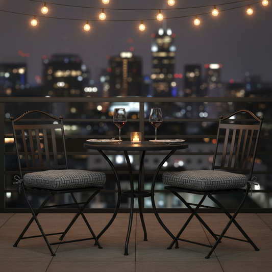 Chic foldable chair cushions in navy blue with an abstract pattern