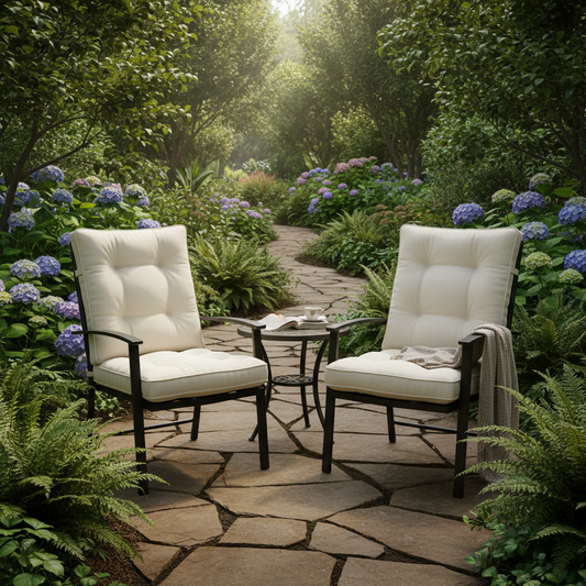 Comfortable folding chairs with cushions in a beautiful outdoor garden setting.
