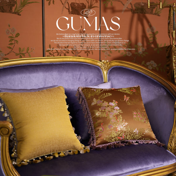 Lavender and gold floral brocade throw pillow cover with tassel trim 18x18 inches on vintage gold carved frame