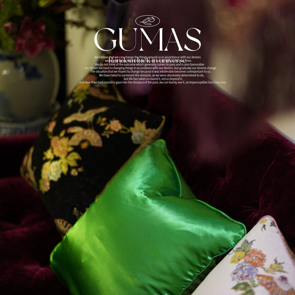 Lime green silk satin throw pillow cover with hand-embroidered floral design and purple metallic tassel trim, 18x18 inches