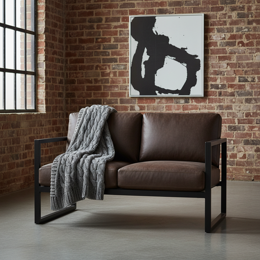 Deep navy blue and emerald green love seat cushions styled in a contemporary living room.