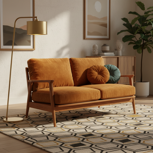 Cozy living room with rich navy blue love seat sofa and stylish decor.