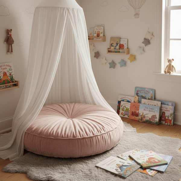 Cozy meditation floor cushions in soft blues and greens, creating a calm meditation space.