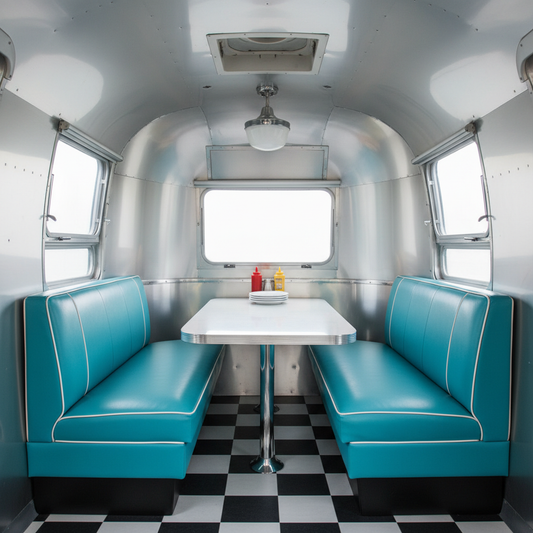 Navy and forest green patterned motorhome dinette cushions in a cozy interior