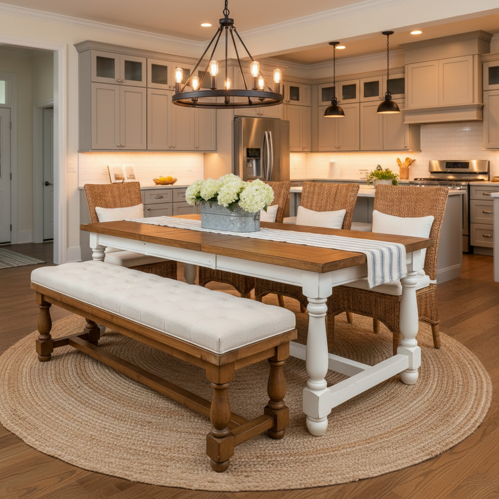 Stylish mudroom bench with navy blue and patterned cushions in a modern entryway.
