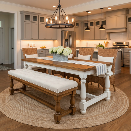 Stylish mudroom bench with navy blue and patterned cushions in a modern entryway.