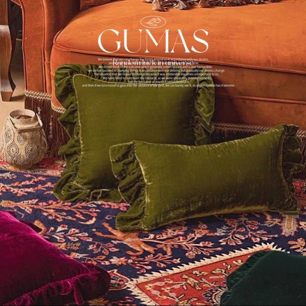 Olive green velvet throw pillow cover with ruffle trim 16x16 inches