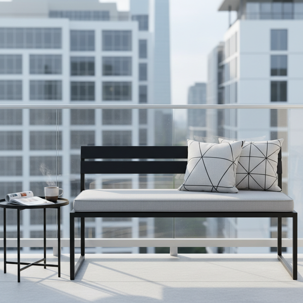 Outdoor bench cushions in modern geometric patterns, set in a vibrant garden