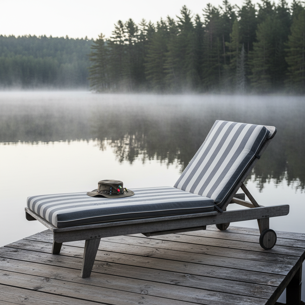 Outdoor chaise lounge with stylish cushions in navy and geometric patterns