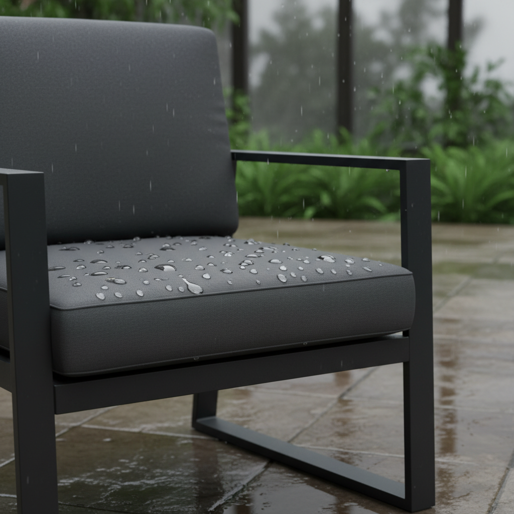 Deep seat cushions on outdoor chairs in a lush garden