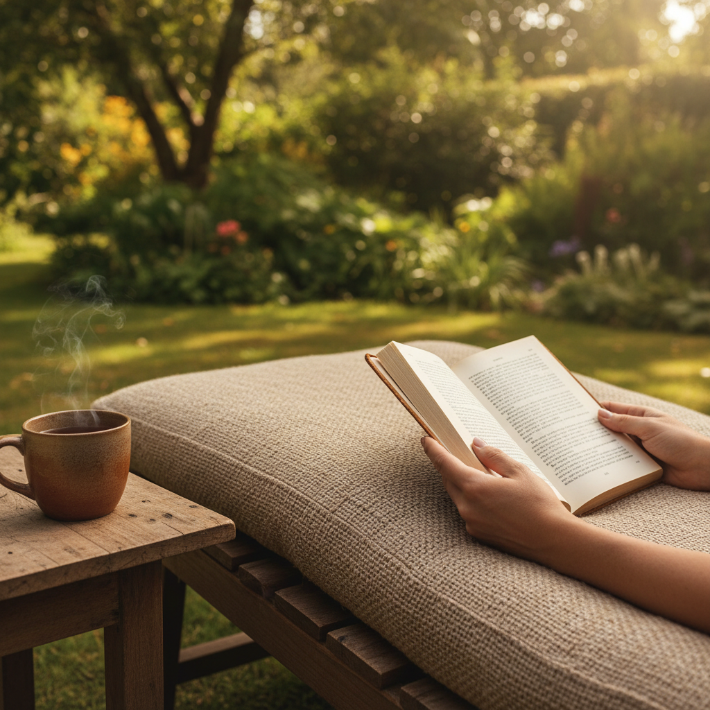 Deep navy and forest green patterned outdoor lounger pads in a lush garden